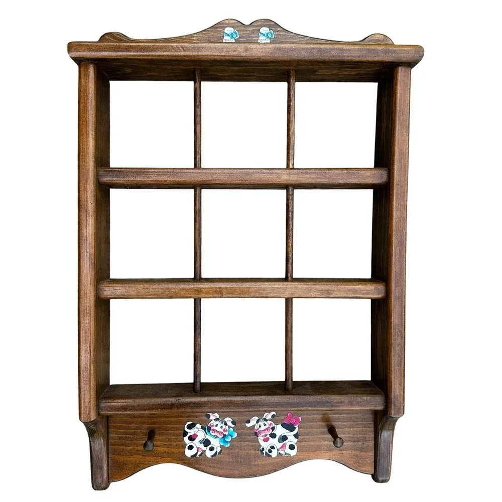 Vintage Farm Cow Wooden Wall Tea Cup 3 Tier Knick Knack Trinket Display Shelf